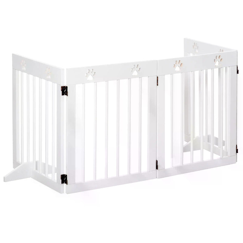 Pet Gate 4 Panel Folding Wooden Dog Barrier Freestanding Dog Gate For Stairs w/ Support Feet