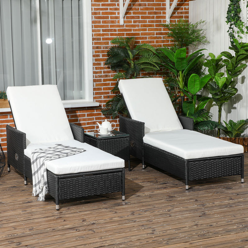 3-Pieces Rattan Sun Lounger, Patio Chaise Lounge Chair Set with Adjustable Backrest, Soft Cushions, Glass Top Table, Cream White