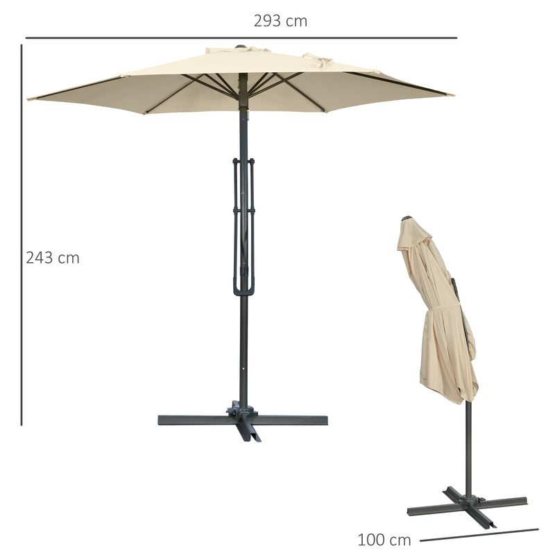 3m Cantilever Parasol with Easy Lever, Patio Umbrella with Crank Handle, Cross Base and 6 Metal Ribs, Outdoor Sun Shades，Garden, Cream White