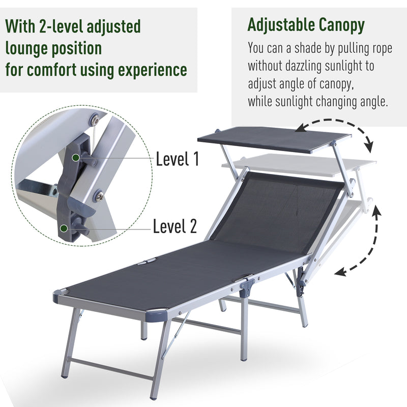 Garden Sun Lounger Texteline Chaise Lounge Reclining Chair with Canopy Adjustable Backrest Bed Aluminium Frame - Grey