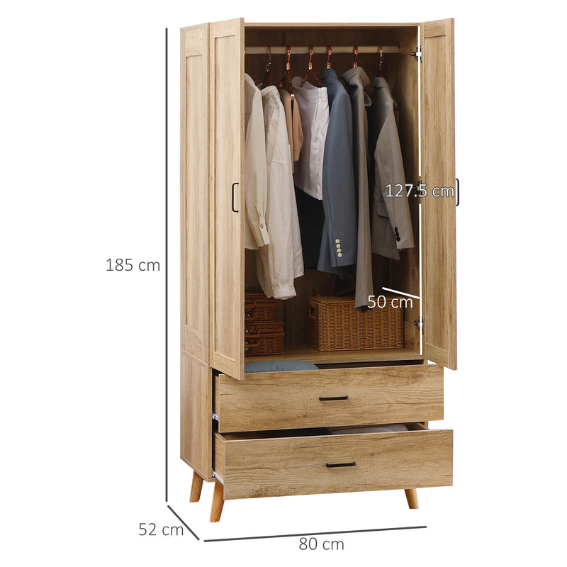 2 Door Wardrobe, Modern Wardrobe with 2 Drawer and Hanging Rail for Bedroom, Natural