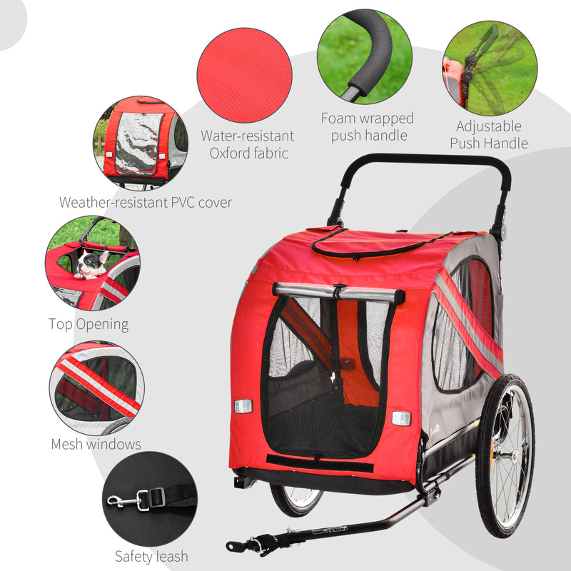 Dog Bike Trailer 2-in-1 Pet Stroller Cart Bicycle Carrier Attachment for Travel in steel frame with Universal Wheel Reflectors Flag Red