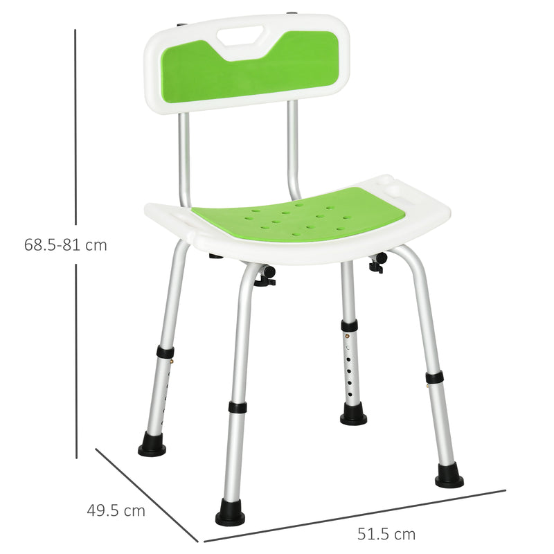 Shower Chair, 6-Level Height Adjustable Shower Stool with Backrest, Curved Seat, Anti-slip Foot Pads, 136kg Capacity, Green