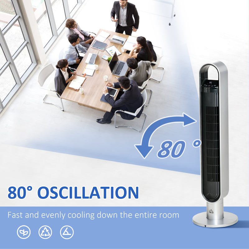 Oscillating Tower Fan for Bedroom with Anion, 3 Speed, 12h Timer, LED Sensor Panel, Remote Controller, 39", Silver