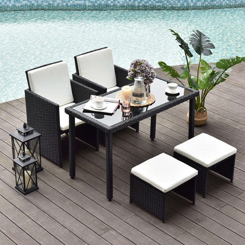 4-Seater Rattan Garden Furniture Space-saving Wicker Weave Sofa Set Conservatory Dining Table Table Chair Footrest Cushioned Black