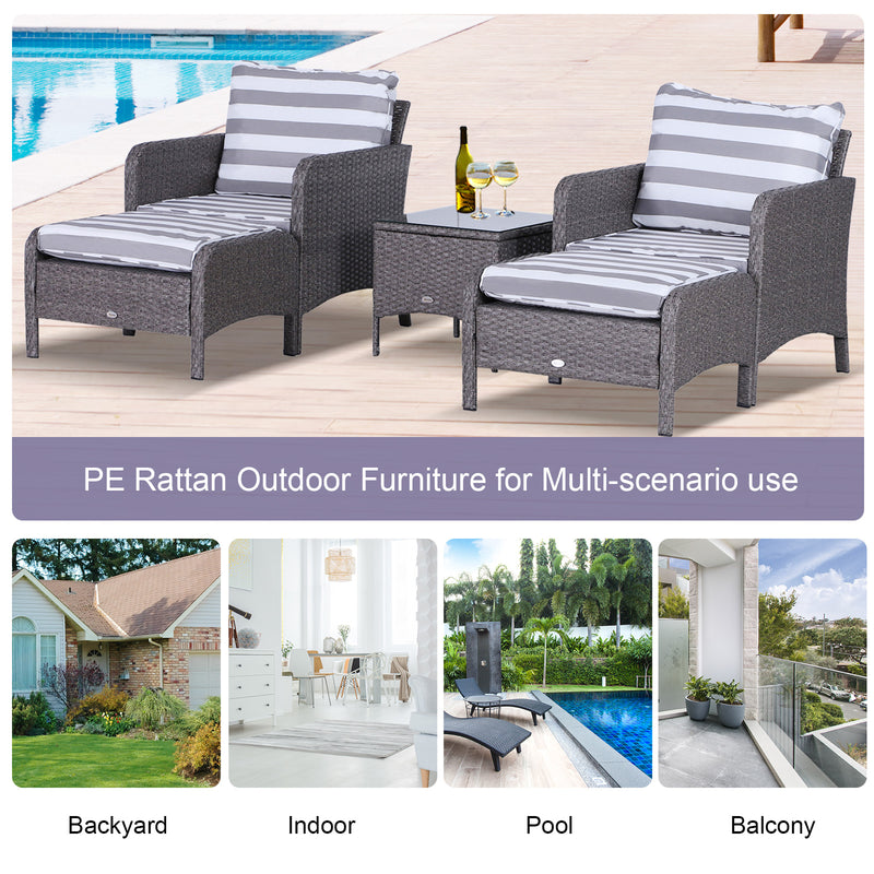 2 Seater PE Rattan Garden Furniture Set, 2 Armchairs 2 Stools Glass Top Table Cushions Wicker Weave Chairs Outdoor Seating