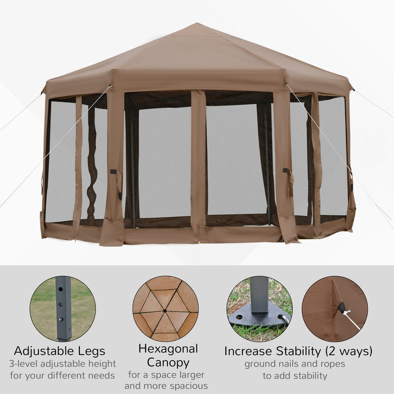 3.2m Pop Up Gazebo Hexagonal Canopy Tent Outdoor Sun Protection with Mesh Sidewalls, Handy Bag, Brown