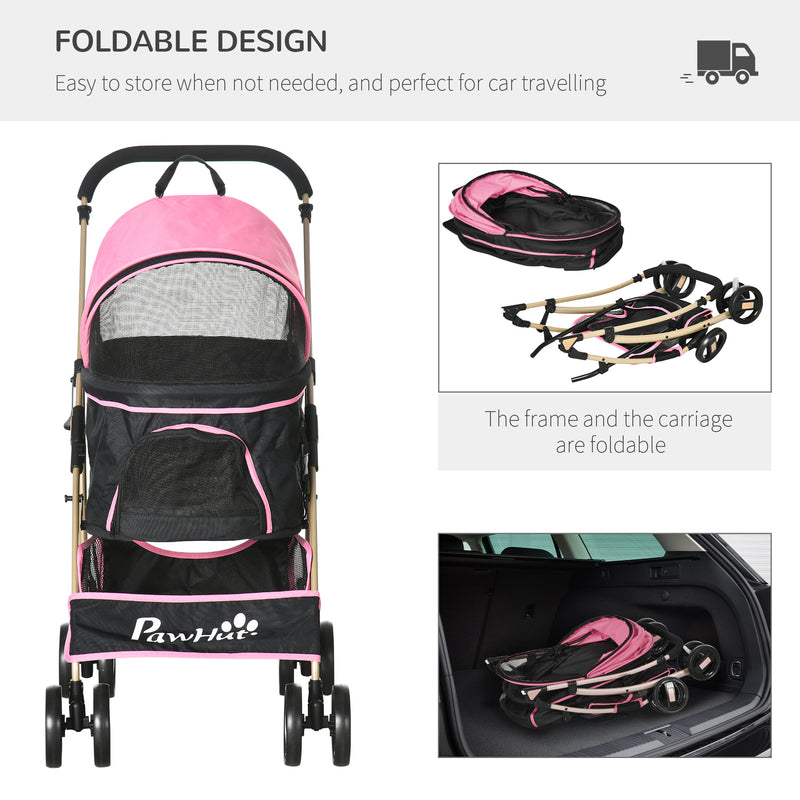 Detachable Pet Stroller, 3-In-1 Dog Cat Travel Carriage, Foldable Carrying Bag with Universal Wheel Brake Canopy Basket Storage Bag, Pink